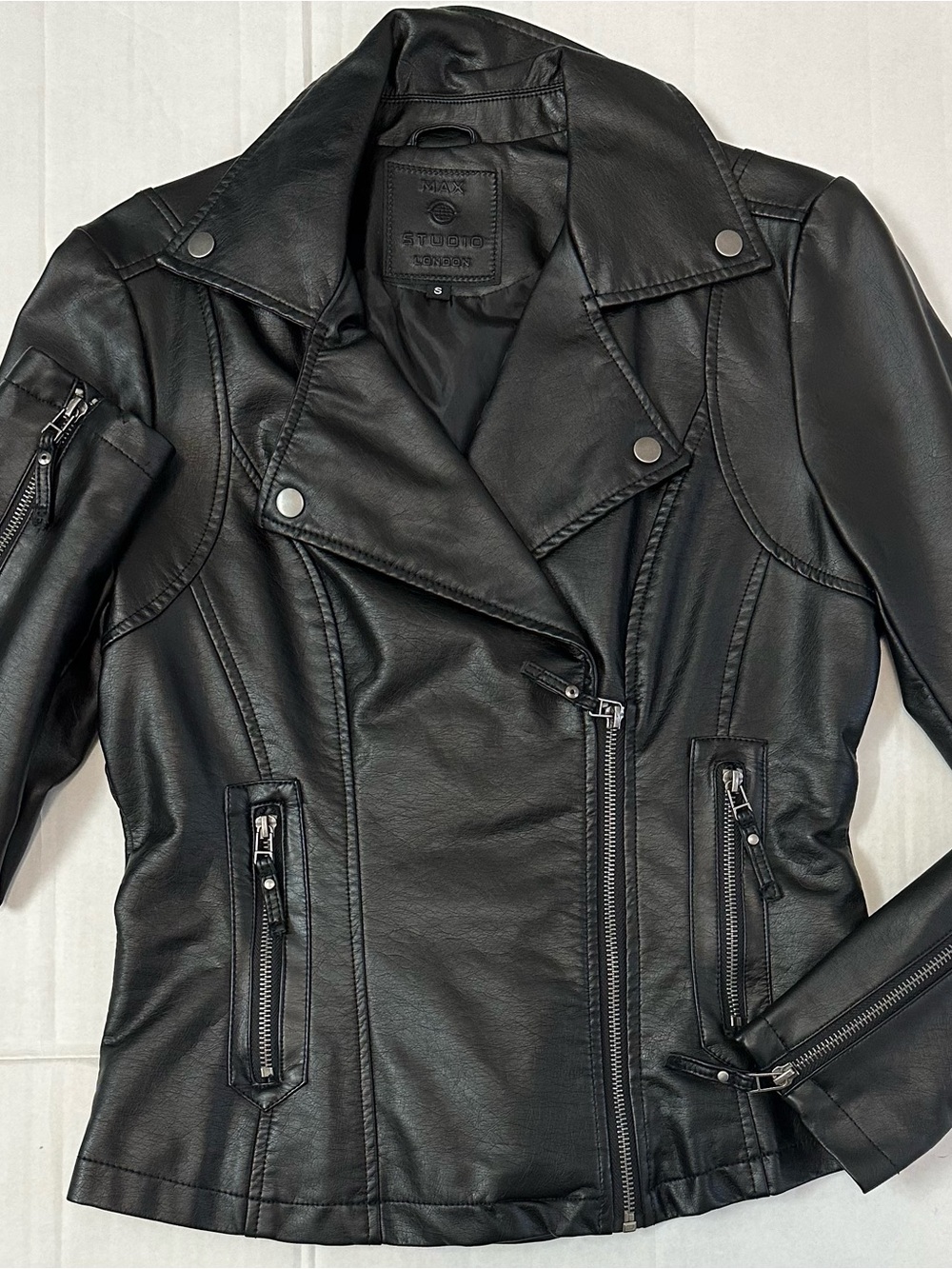 Studio Y Black Faux Leather Moto Jacket with Zip, size S, Brand New without tags